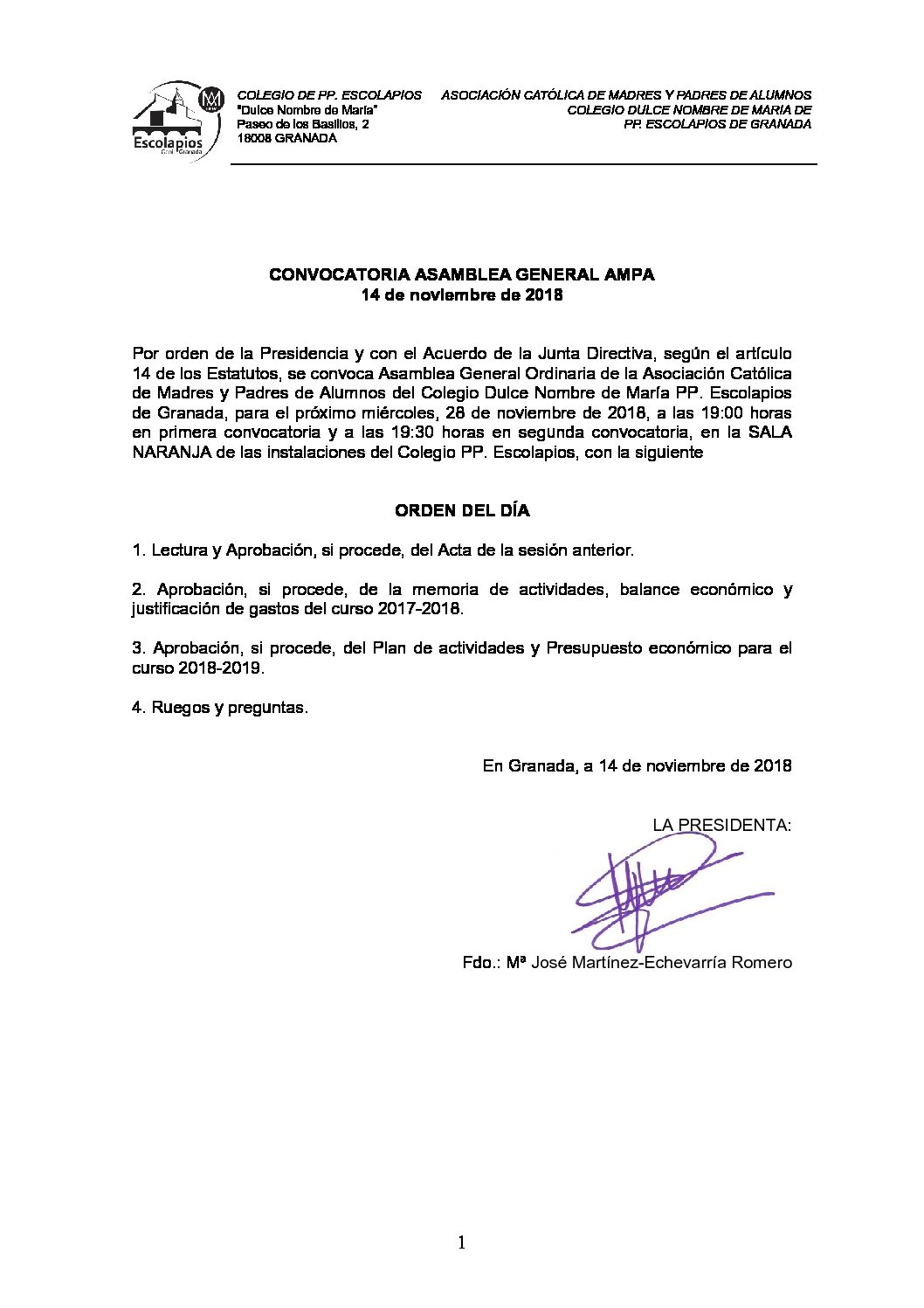 Asamblea General AMPA, miércoles 28 de noviembre a las 19:00 horas 1ª Convocatoria